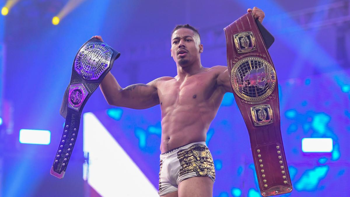 Carmelo Hayes with WWE NXT North American and Crusierweight Titles