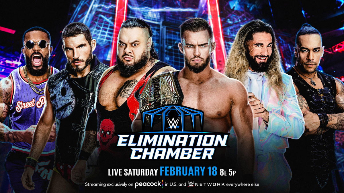 The 2023 United States Championship Elimination Chamber participants - Montez Ford, Johnny Gargano, Bronson Reed, Austin Theory (c), Seth 'Freakin' Rollins, Damian Priest (left to right)