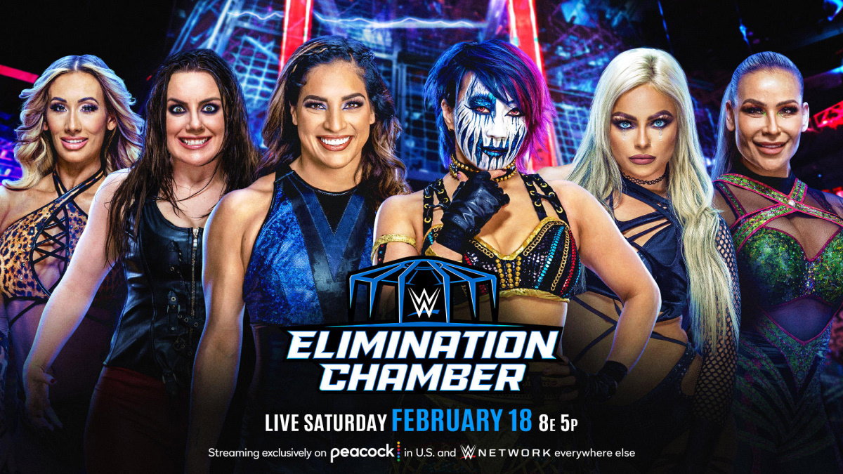 The 2023 women's Elimination Chamber participants - Carmella, Nikki Cross, Raquel Rodriguez, Asuka, Liv Morgan and Natalya (left to right)