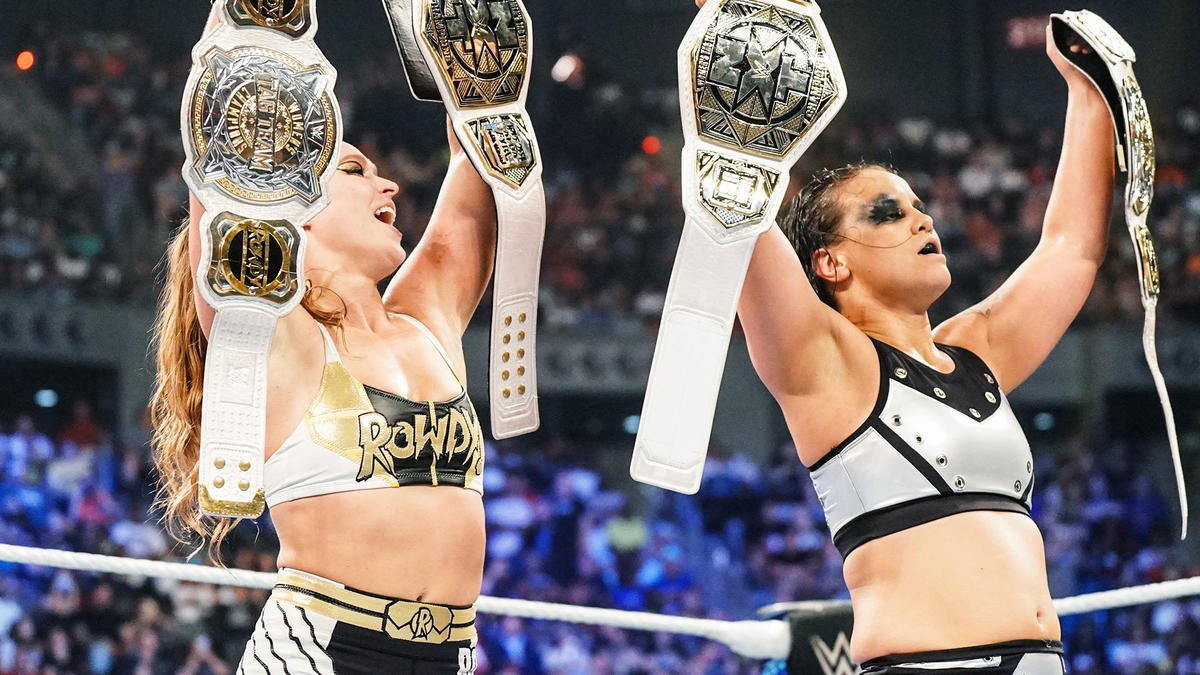 Ronda Rousey and Shayna Baszler unifying the WWE Women's Tag Team Titles and NXT Women's Tag Team Titles