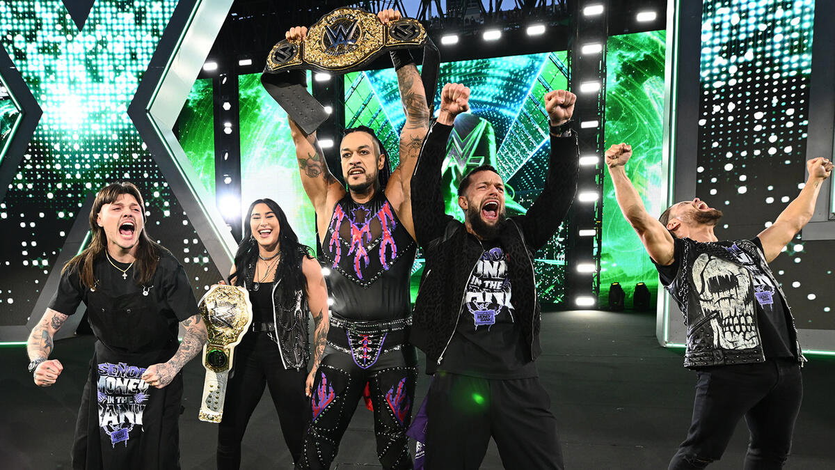WWE WrestleMania Damian Priest after winning title with Judgment Day Rhea Ripley, Finn Balor, et al