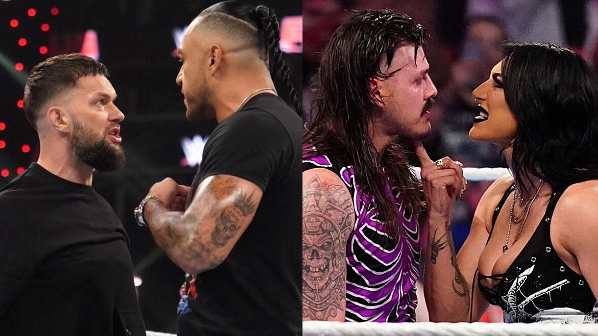 WWE staredowns between Finn Balor and Damian Priest and Rhea Ripley and Dominik Mysterio