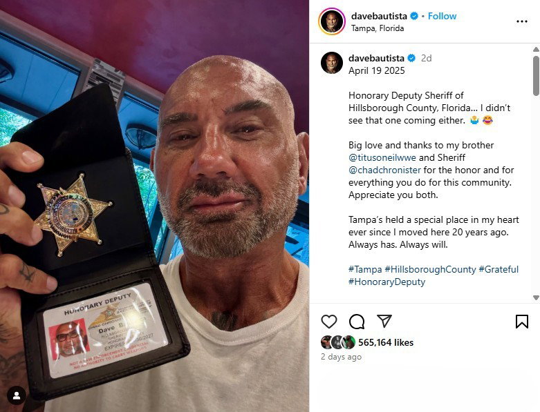 Honorary Deputy Sheriff Dave Bautista Insta/davebautista