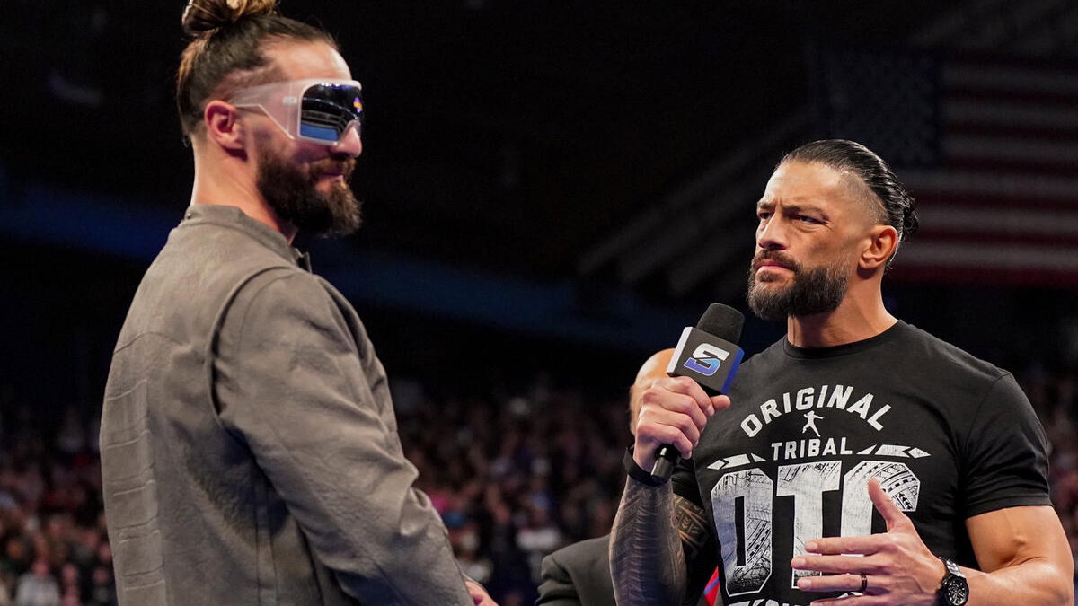 Roman Reigns speaking to Seth Rollins on WWE SmackDown