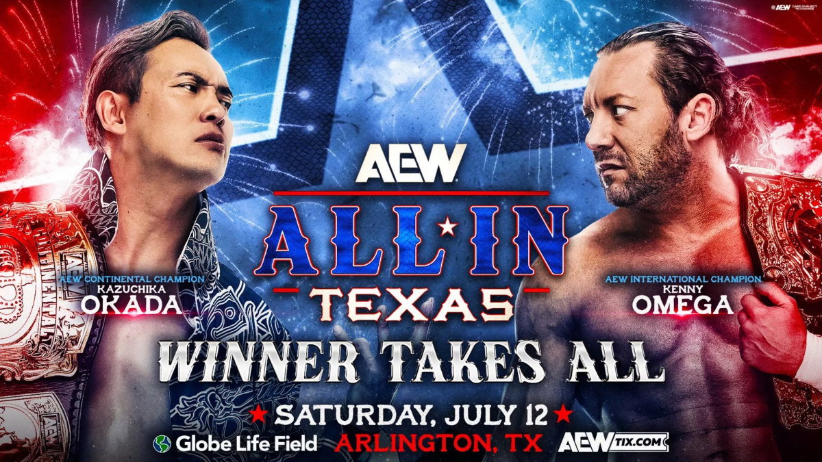 Kazuchika Okada vs. Kenny Omega AEW All In Texas graphic