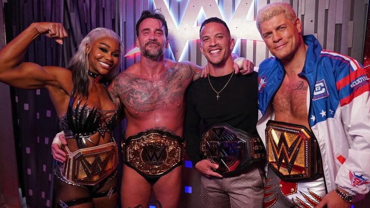 WWE Champions Jade Cargill, CM Punk, Ricky Saints and Cody Rhodes