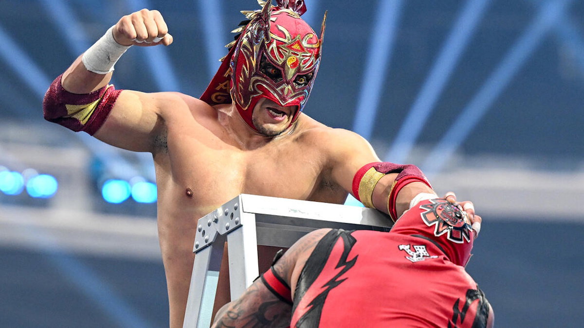 Dragon Lee hitting Rey Mysterio at WWE WrestleMania 42