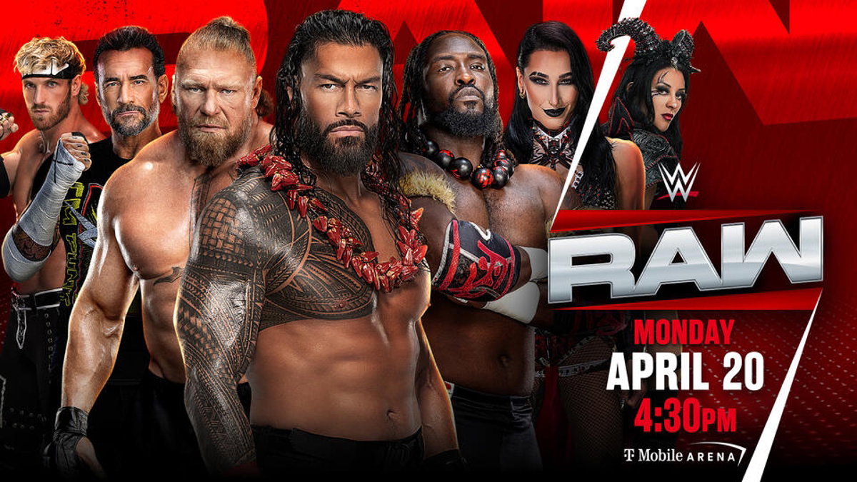 WWE Raw after WrestleMania 42 poster featuring Brock Lesnar, Roman Reigns, Oba Femi, CM Punk, Rhea Ripley, Logan Paul and Stephanie Vaquer