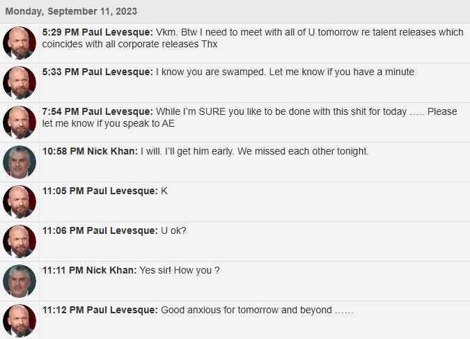 Text exchange between WWE CCO Triple H and company President Nick Khan