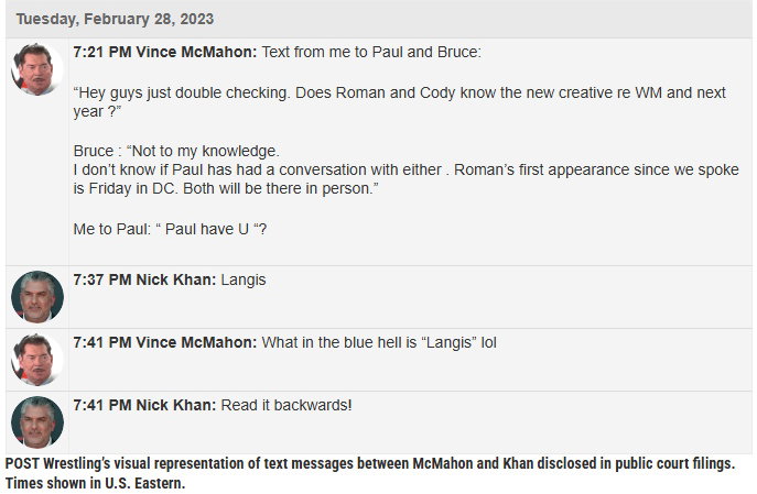 Text messages from Vince McMahon to WWE President Nick Khan