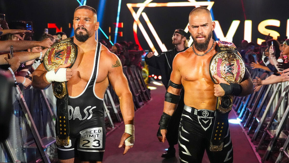 The Vision's Bron Breakker and Austin Theory as WWE World Tag Team Champions