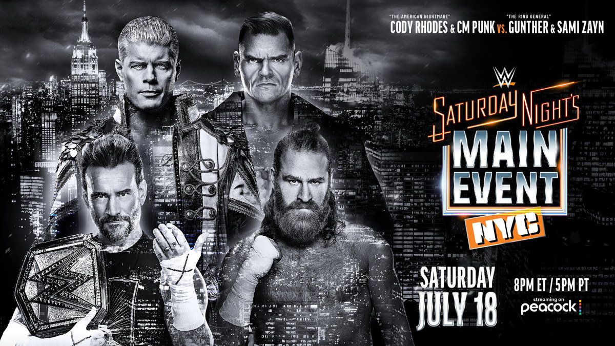 Poster for CM Punk & Cody Rhodes vs. GUNTHER & Sami Zayn at WWE Saturday Night's Main Event