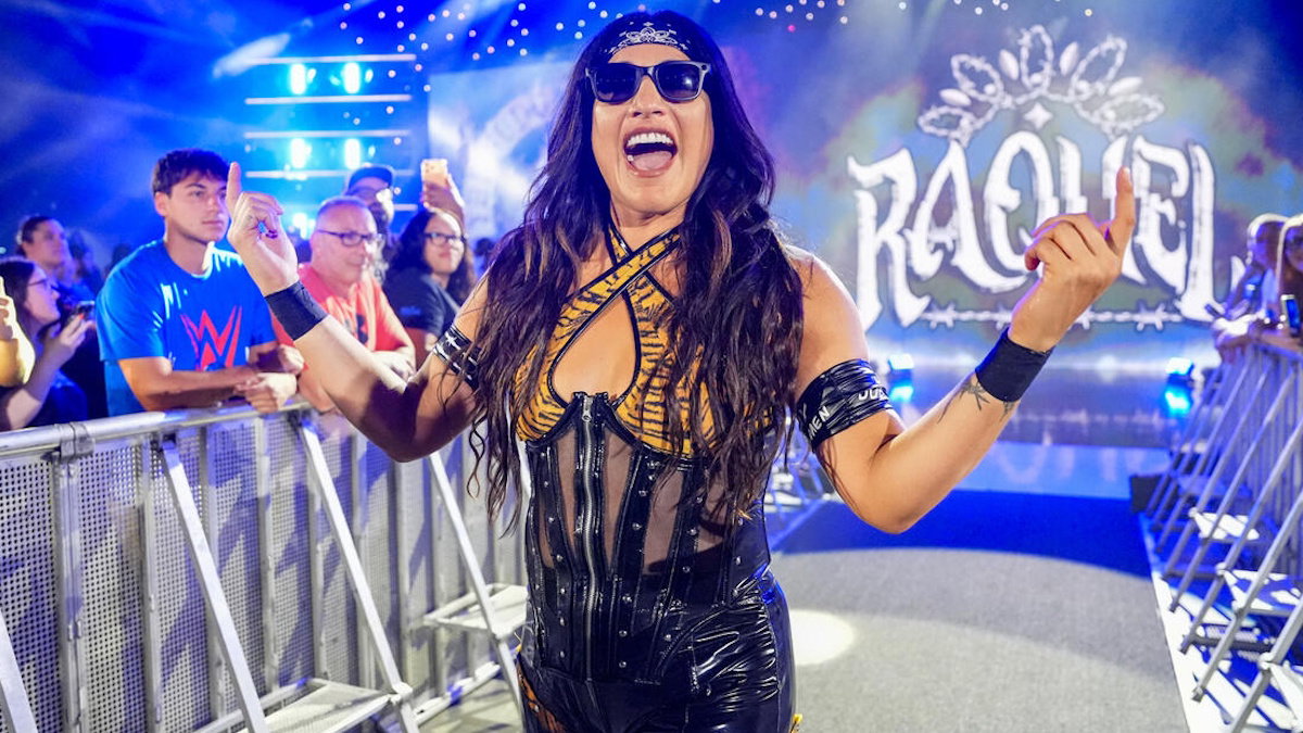WWE star Raquel Rodriguez walking down entrance ramp