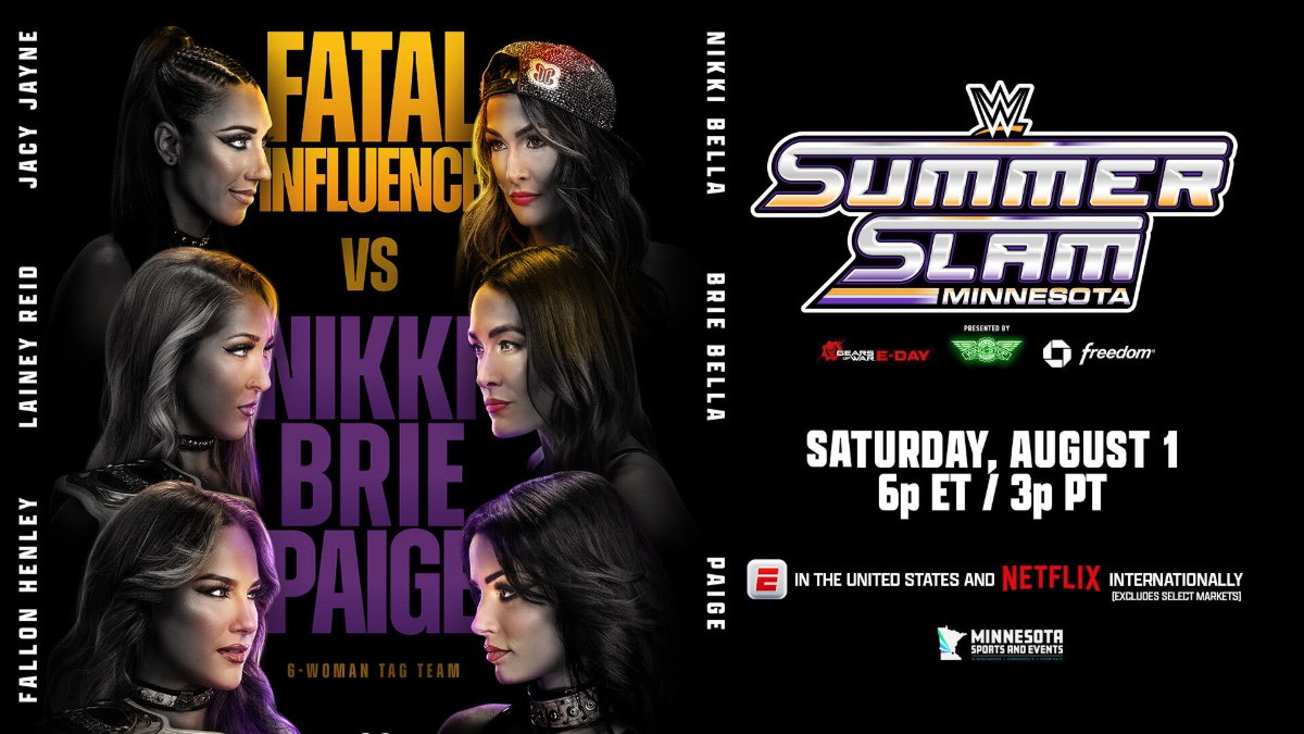 WWE SummerSlam 2026 poster for Fatal Influence vs. Paige & The Bella Twins