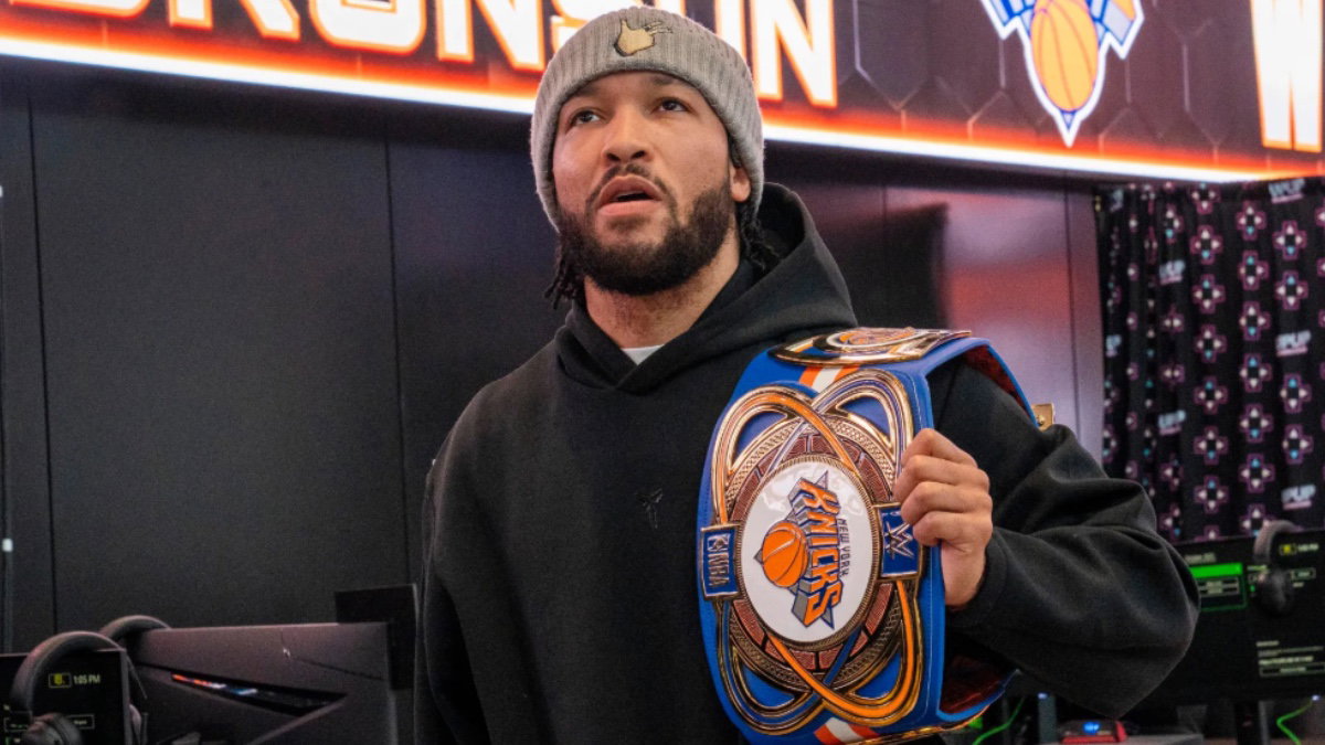 Jalen Brunson with a WWE New York Knicks belt
