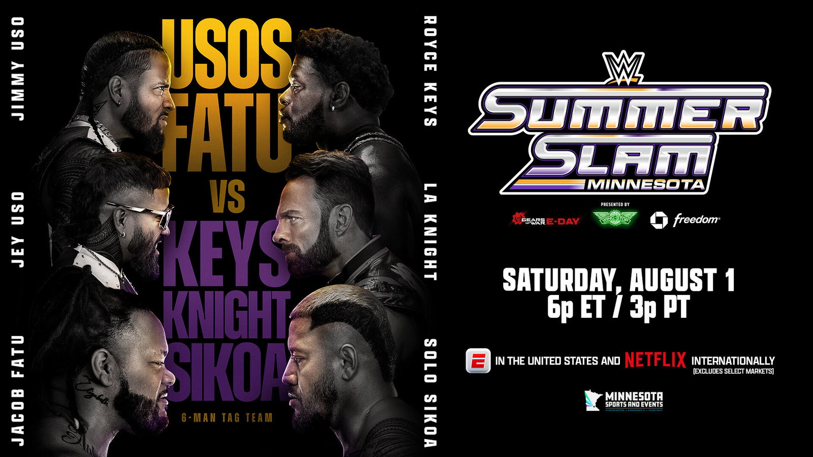 WWE SummerSlam 2026 poster for The Bloodline vs. LA Knight, Royce Keys and Solo Sikoa.