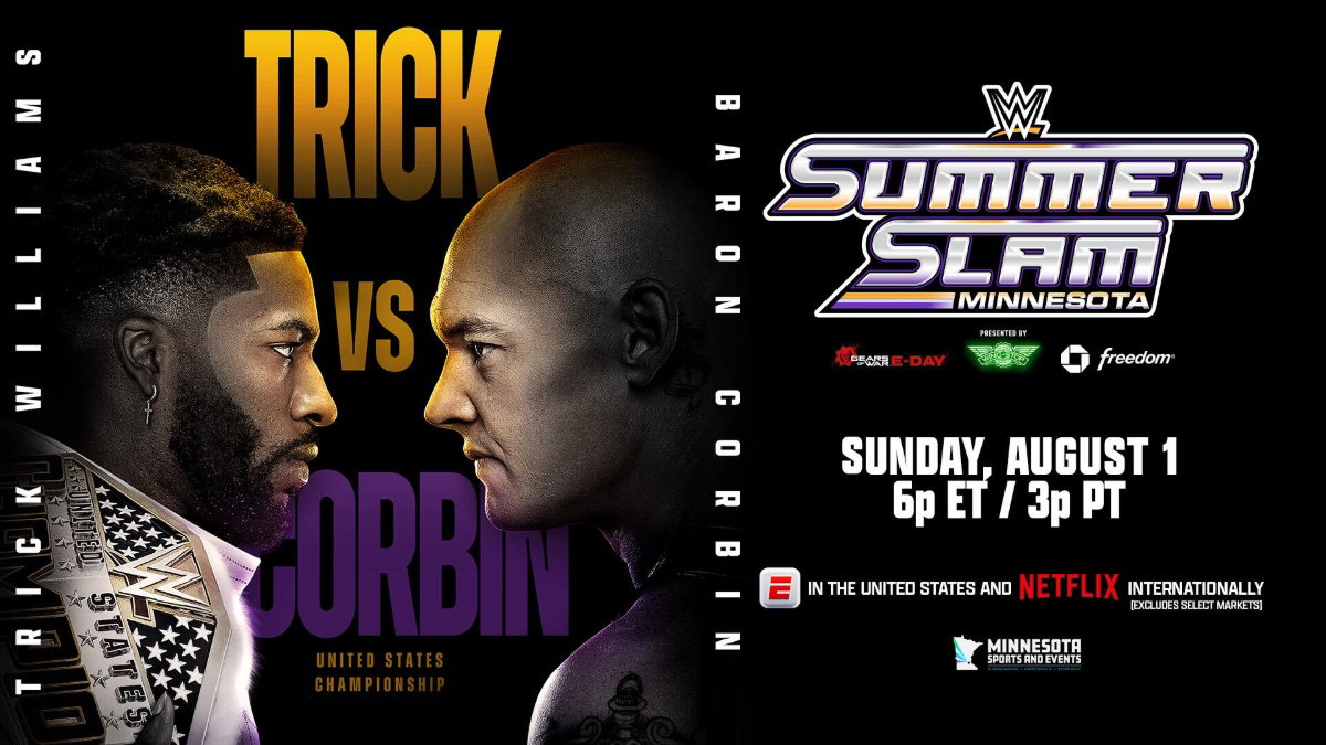 WWE SummerSlam 2026 poster for Trick Williams vs. Baron Corbin.