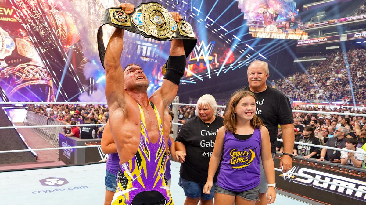 Chad Gable celebrating winning the WWE Intercontinental Championship at SummerSlam 2026.