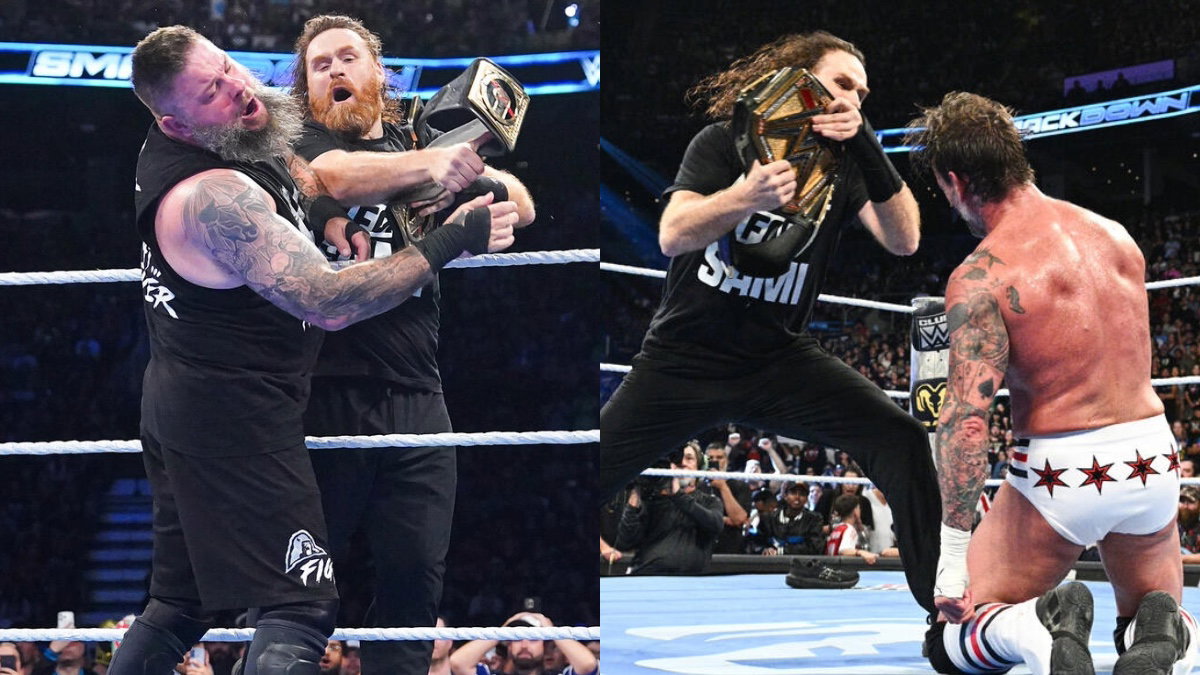 Sami Zayn attacking Kevin Owens and CM Punk with the Undisputed WWE Championship on SmackDown