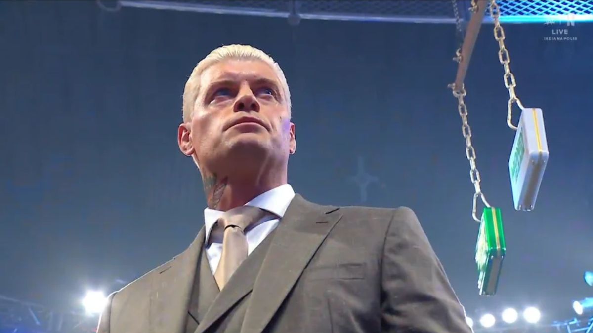 Cody Rhodes underneath Money in the Bank briefcases