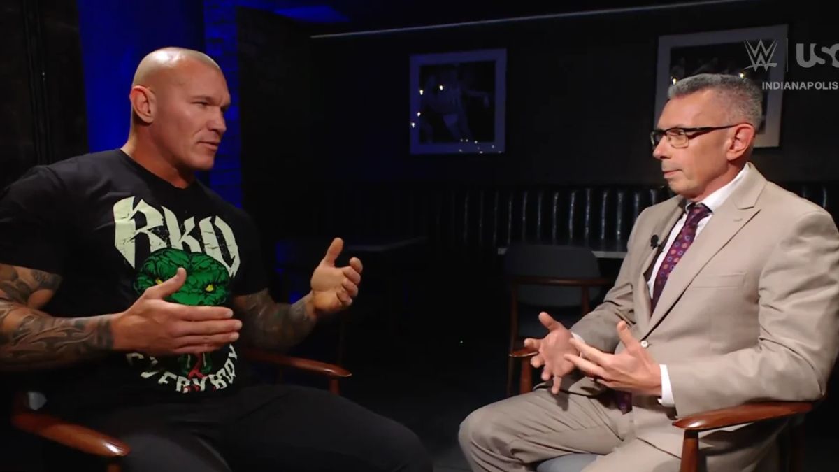 Randy Orton and Michael Cole in backstage WWE segment