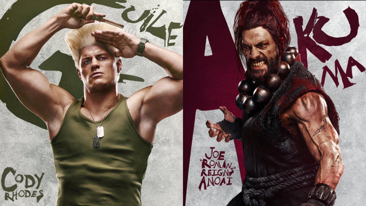 WWE stars Cody Rhodes and Roman Reigns as their Street Fighter characters Guile & Akuma respectively