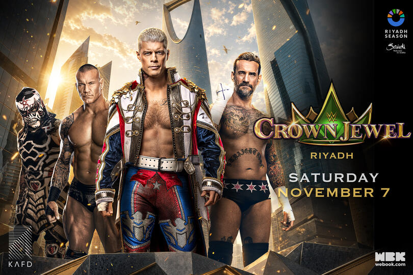 The WWE Crown Jewel graphic featuring Penta, Randy Orton, Cody Rhodes and CM Punk