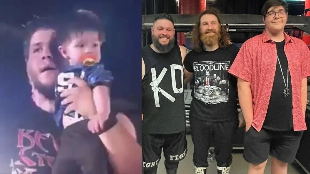 Owen Steen debut on left and with Sami Zayn and Kevin Owens on right